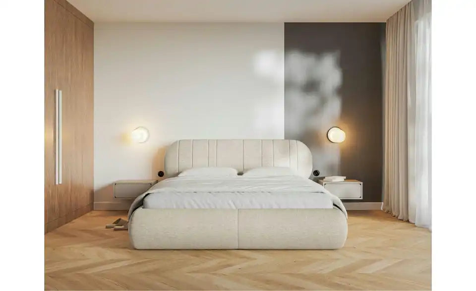Selsey Polsterbett Asmelio Detailansicht Kopfteil – Beige, 100% Polyester Webstoff – Selsey