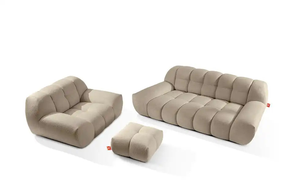 KONSIMO Vena 2-Sitzer Sofa von vorne – Boucléstoff Beige 225×72×100 cm – KONSIMO