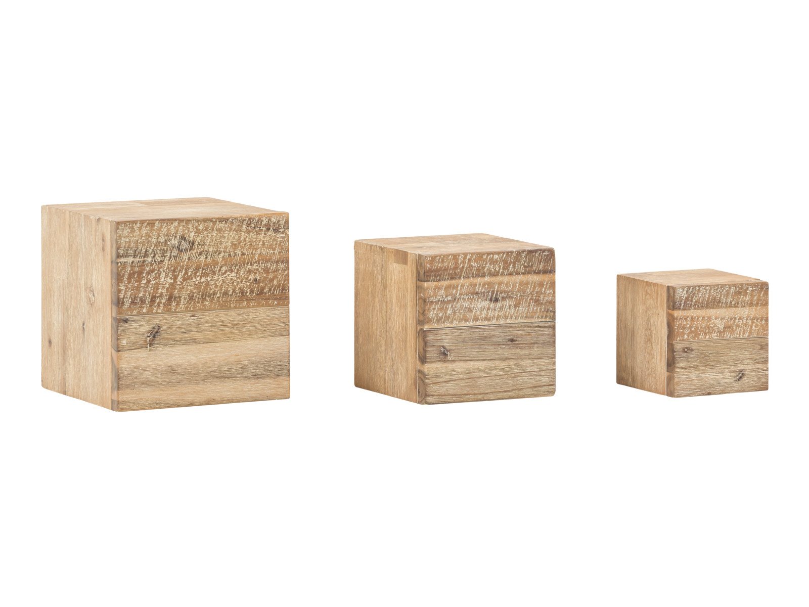 Wandregal 3er Set Jolo Gesamtansicht – Akazienholz gebürstet, Würfelform 25/20/15 cm – massivum