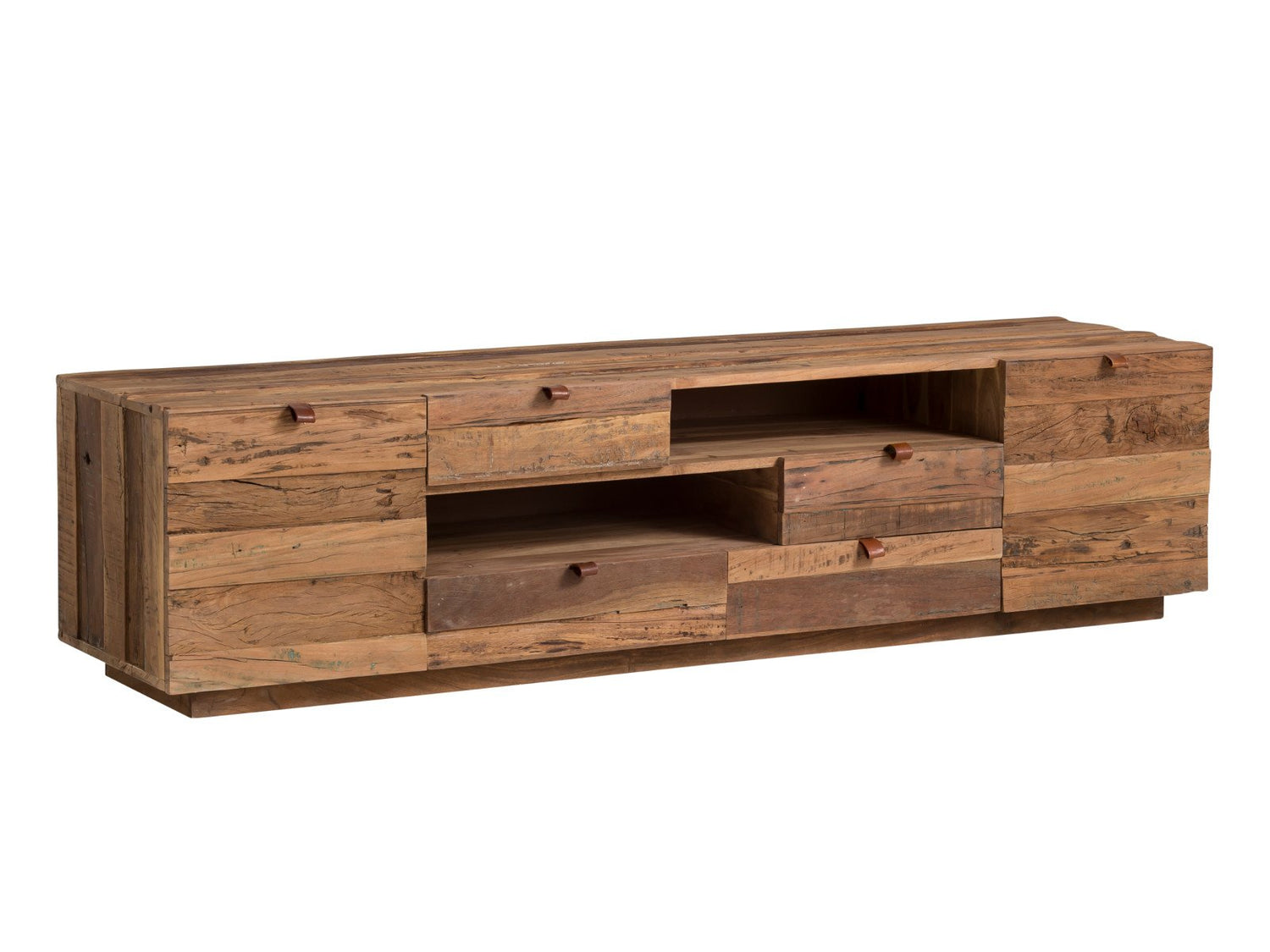 TV-Bank Oldwood Gesamtansicht – Altholz massiv 180x45x45 cm, Schubladen mit Ziegenleder-Griffen – massivum