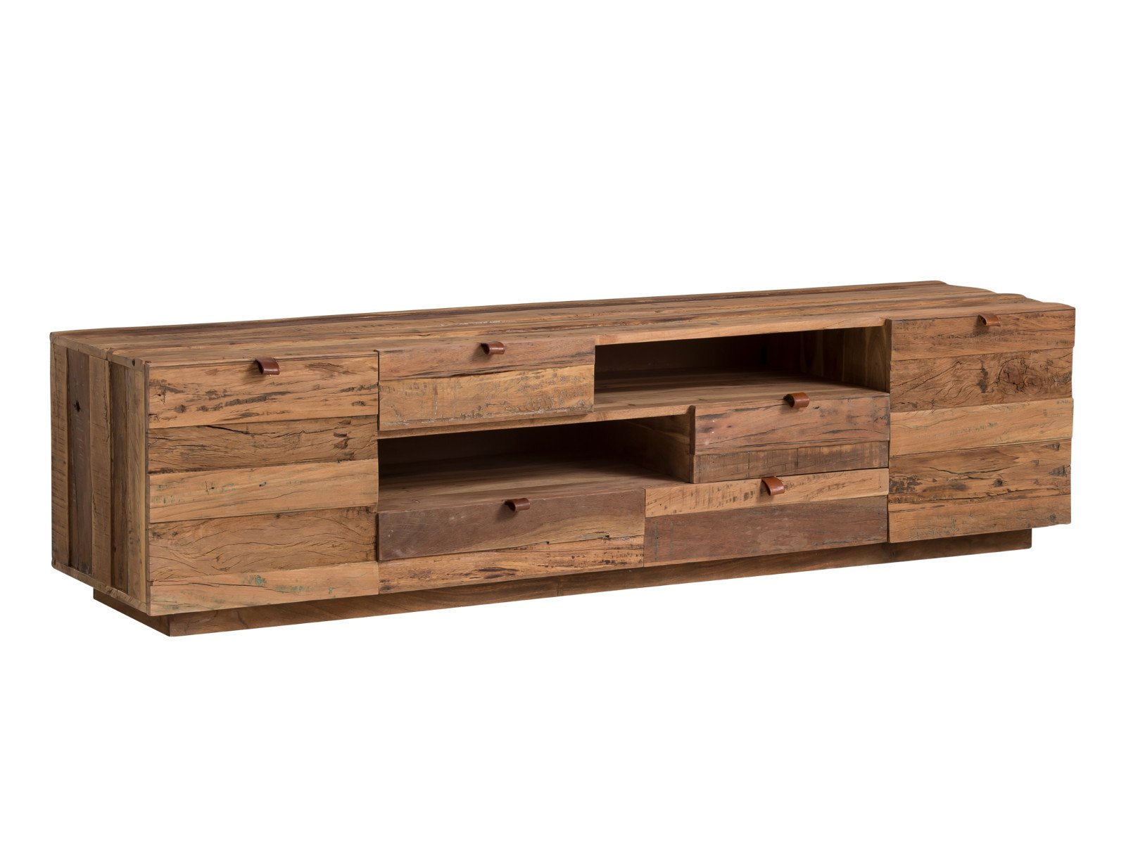 TV-Bank Oldwood Gesamtansicht – Altholz massiv 180x45x45 cm, Schubladen mit Ziegenleder-Griffen – massivum