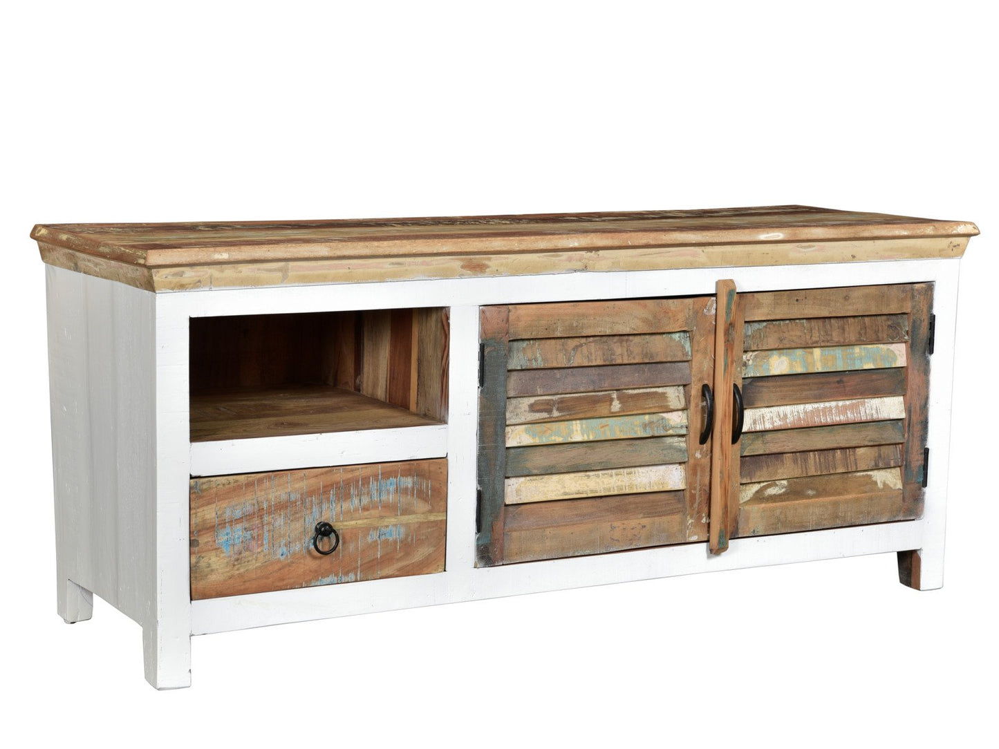 TV-Bank Perth Gesamtansicht – recyceltes Hartholz Shabby-Chic, 150 cm breit, Landhaus – massivum